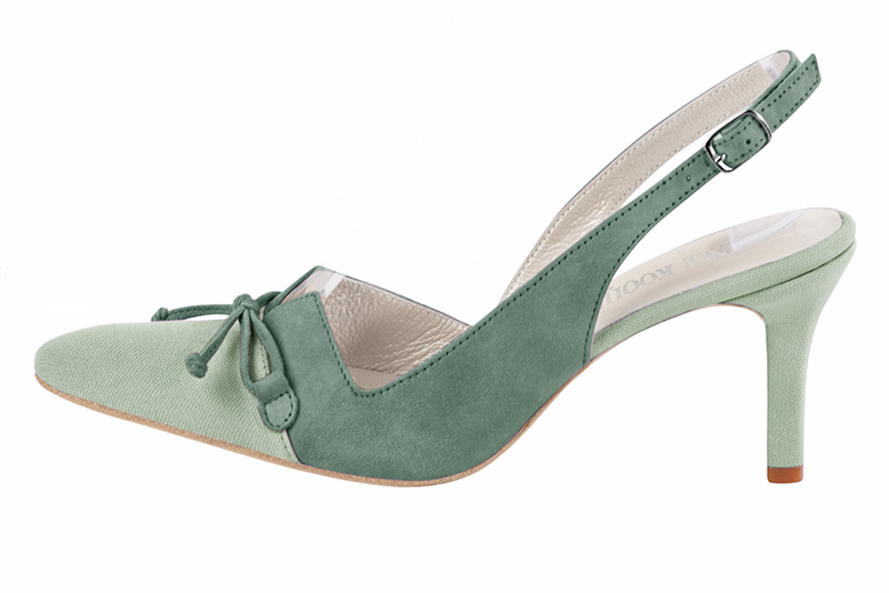Mint green women's open back shoes, with a knot. Tapered toe. High slim heel. Profile view - Florence KOOIJMAN